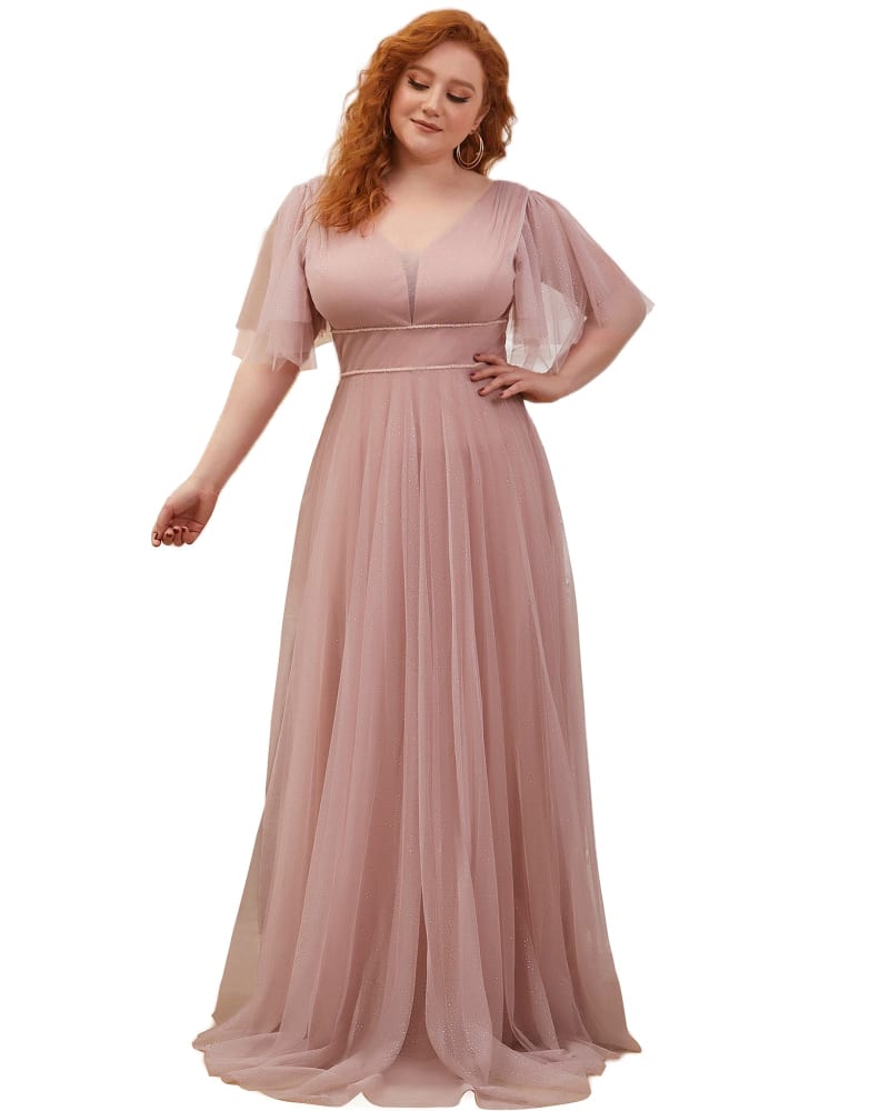 Front of a model wearing a size 22 V Neck Tulle Formal Evening Dress with Ruffle Sleeves in Pink by Ever-Pretty. | dia_product_style_image_id:294852
